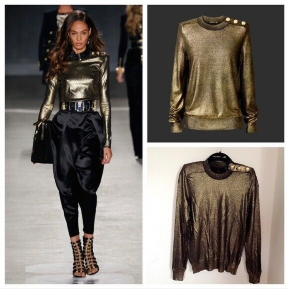 balmain x hm black gold padded shoulder top. Made in Italy